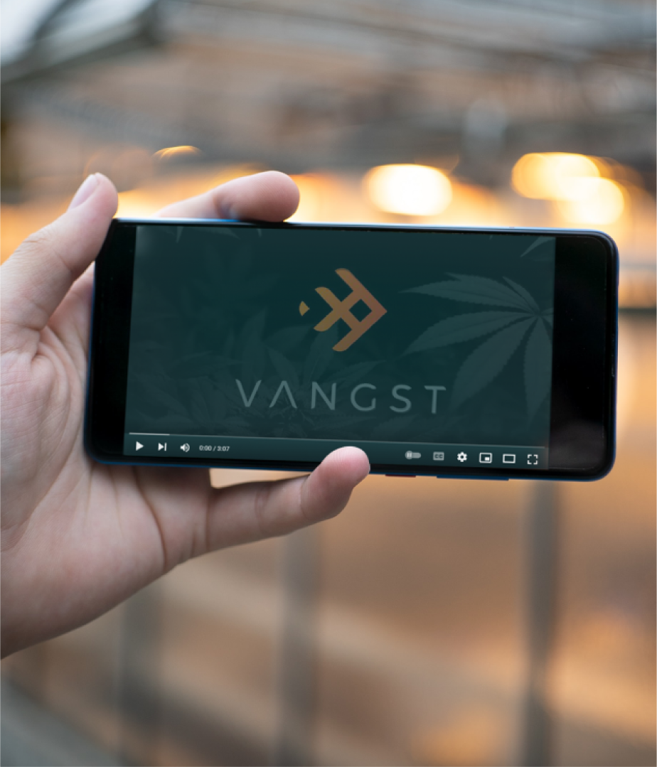 A hand holding a phone showing a Vangst training course video