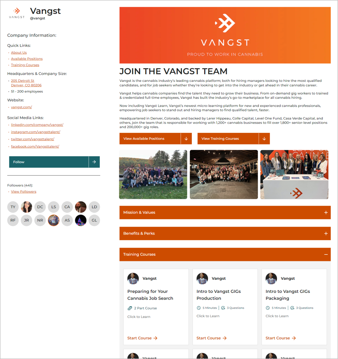 A Vangst company profile showing available training courses
